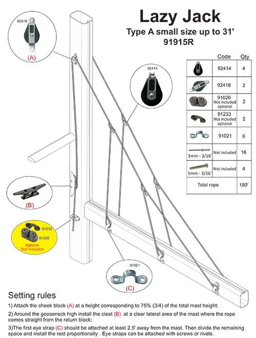 001RFS-  LAZY JACK SYSTEM - Type A - SMALL SIZE- WITH ROPE AND FURLING STRAPS INCLUDED