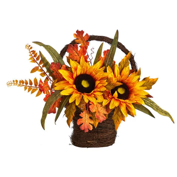 16" Artificial Autumn Sunflower Arrangement in Decorative Basket, Low Maintenance, Life-Like & Vibrant Silk Flowers For Busy People.