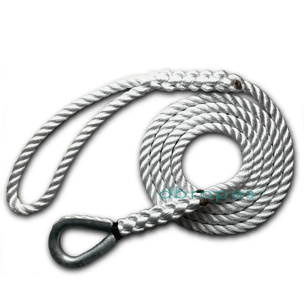 3 Strand Mooring Pendant 100% Nylon Rope Premium with Heavy Duty Galvanized Thimble. (Select size)