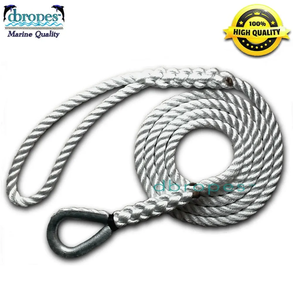 3 Strand Mooring Pendant 100% Nylon Rope Premium with Heavy Duty Galvanized Thimble. (Select size)