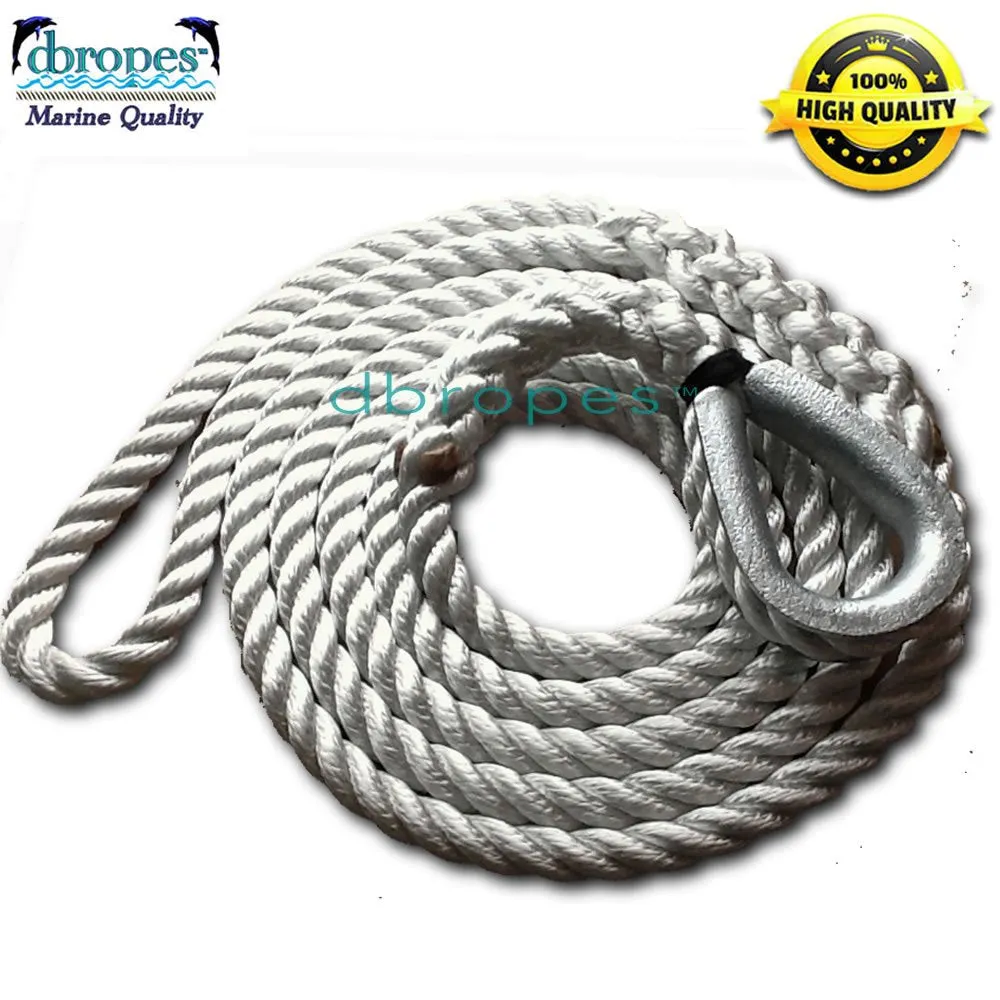 3 Strand Mooring Pendant 100% Nylon Rope Premium with Heavy Duty Galvanized Thimble. (Select size)