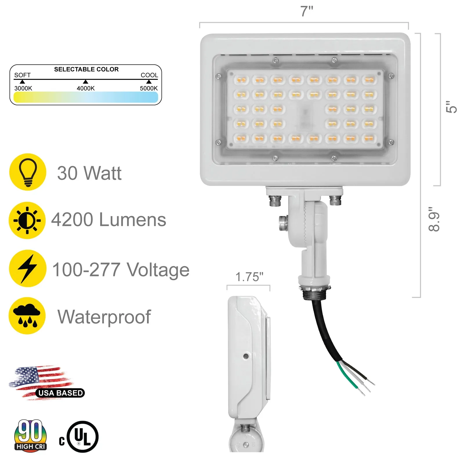 30W LED Flood Lights Outdoor Security Lighting - Waterproof - 3CCT 3000K-5000K - 4200LM - Knuckle Mount