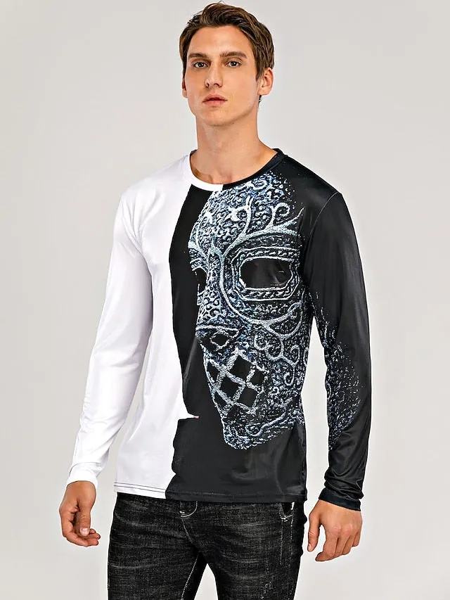 3D Print Men's Long Sleeve Graphic T-Shirt in Black-White Blue Gold