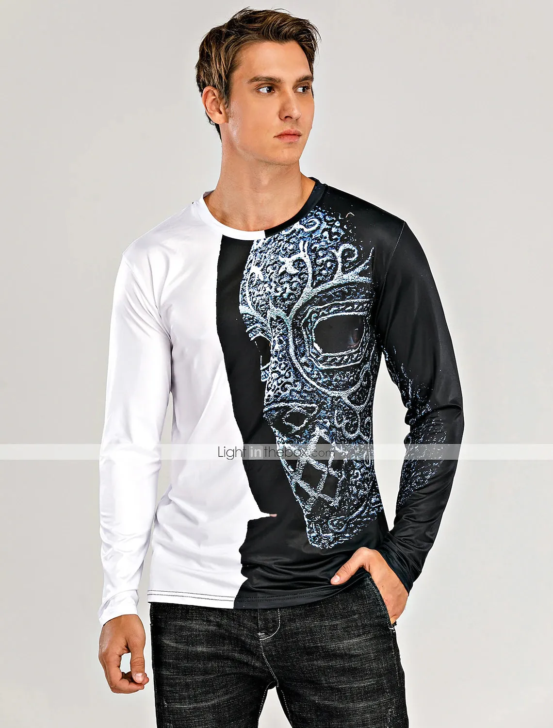 3D Print Men's Long Sleeve Graphic T-Shirt in Black-White Blue Gold