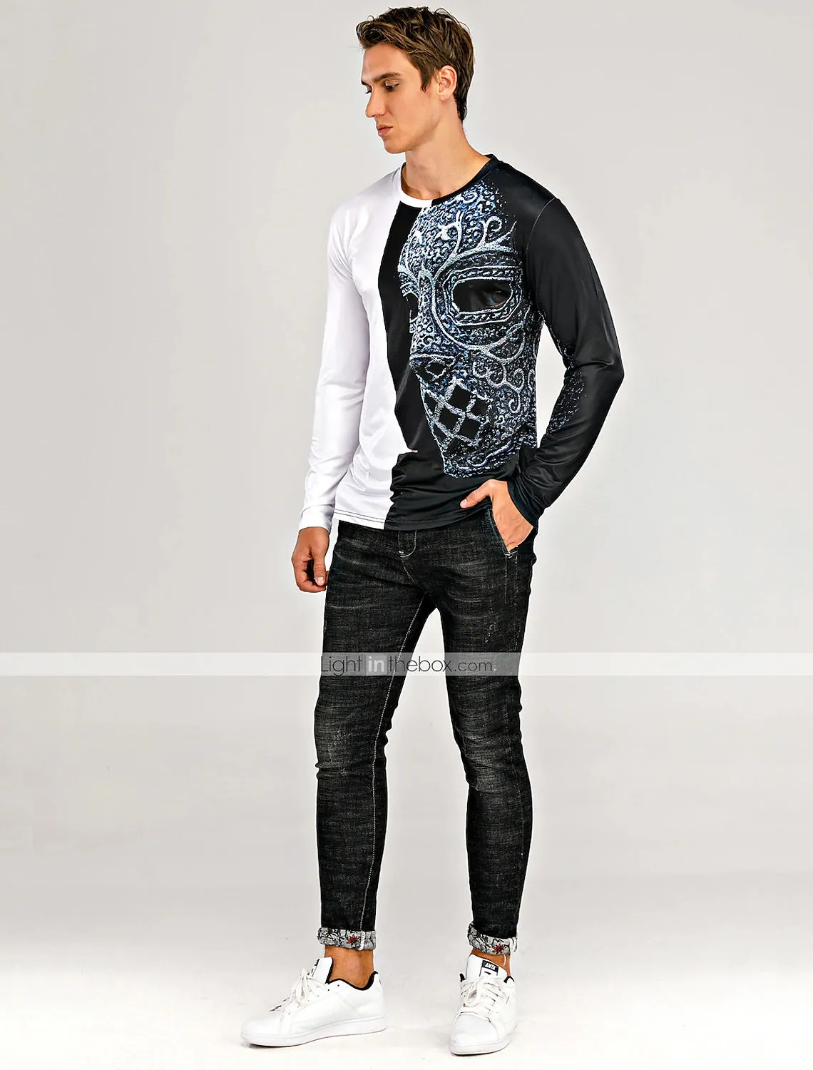 3D Print Men's Long Sleeve Graphic T-Shirt in Black-White Blue Gold