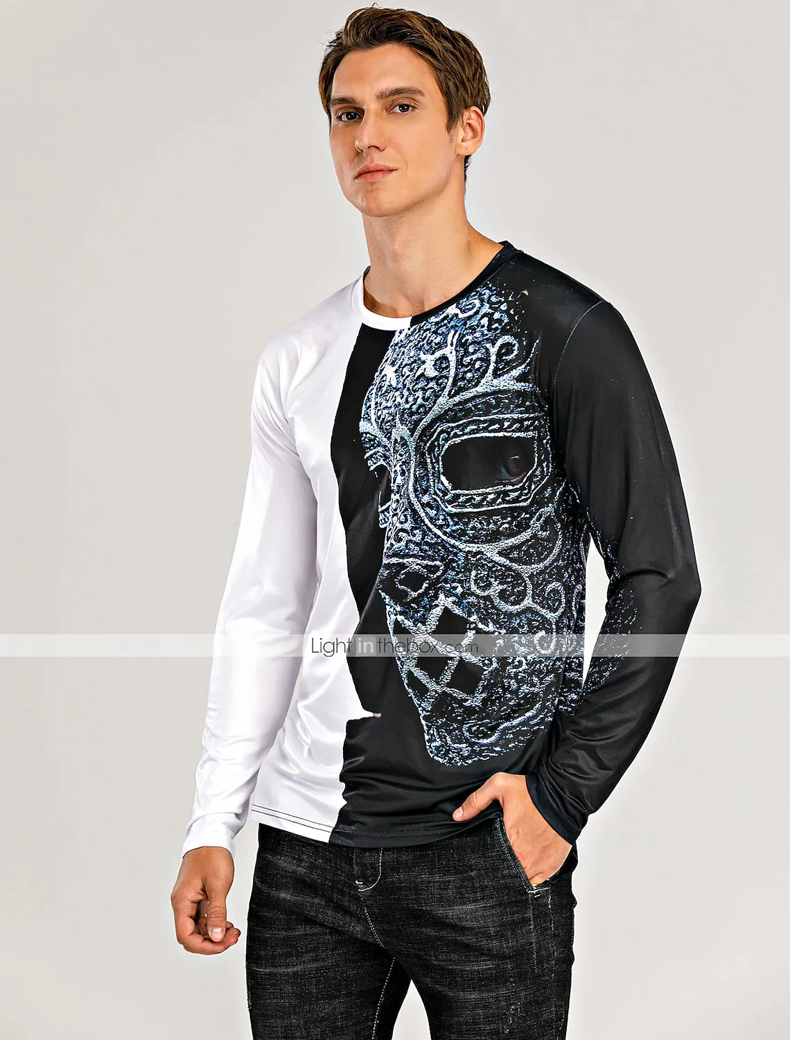 3D Print Men's Long Sleeve Graphic T-Shirt in Black-White Blue Gold