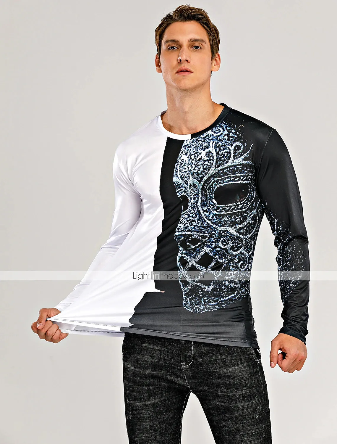 3D Print Men's Long Sleeve Graphic T-Shirt in Black-White Blue Gold