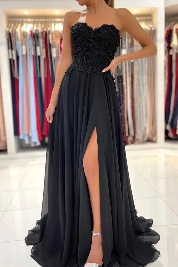 A-line Black Sweetheart  Chiffon Lace Long Prom Dress Formal Dress  PSK260