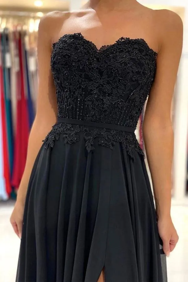 A-line Black Sweetheart  Chiffon Lace Long Prom Dress Formal Dress  PSK260