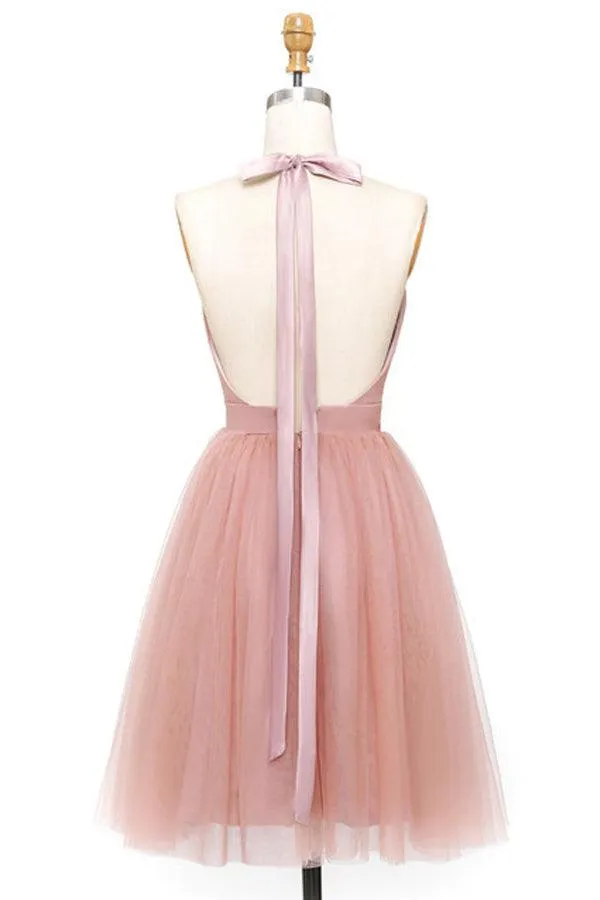 A-Line Pink Tulle Deep V-neck Backless Pleats Mini Homecoming Dress PD440