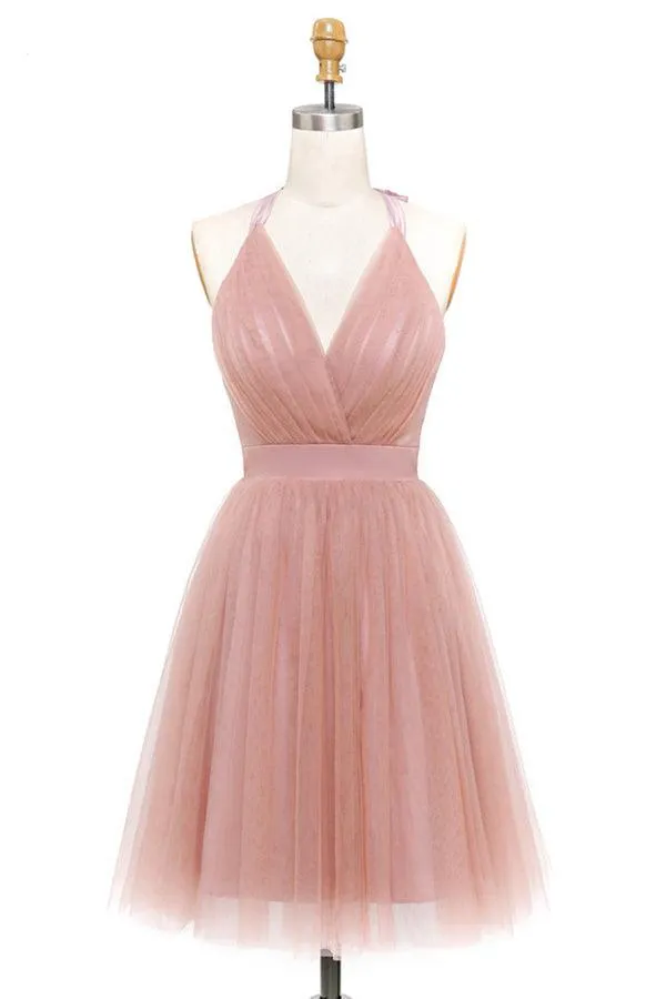 A-Line Pink Tulle Deep V-neck Backless Pleats Mini Homecoming Dress PD440