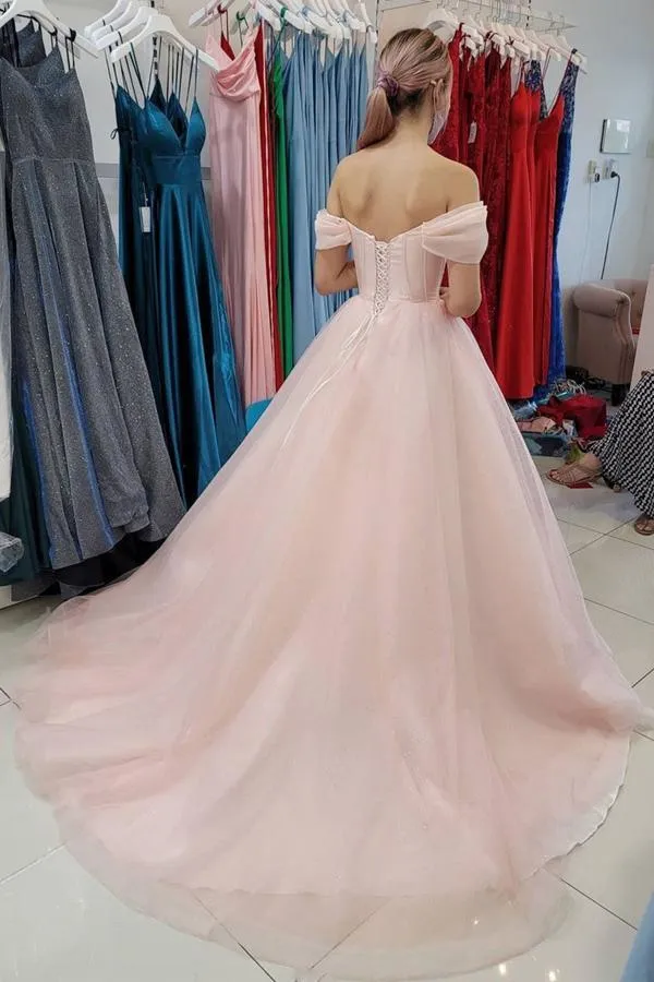 A-line Pink Tulle Off The Shoulder Long Prom Dress Formal Dress  PSK258