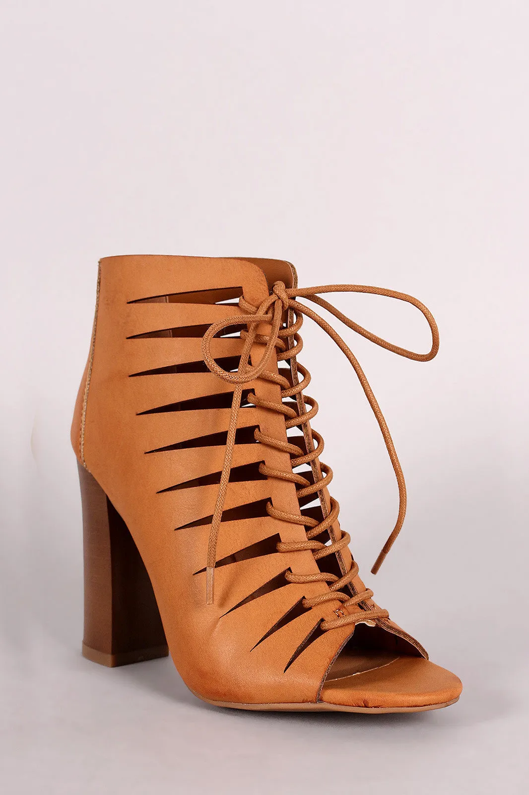 Alinthia - Peep Toe Lace-Up Cutout Booties