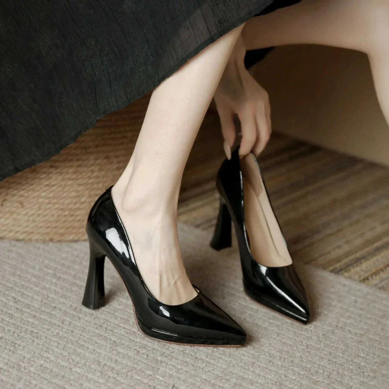 Amozae-Super High Heel Pointed Shallow Patent Leather High Heels Fashion Elegant Shoes Women Thin Heel Platform Work Shoes Pumps