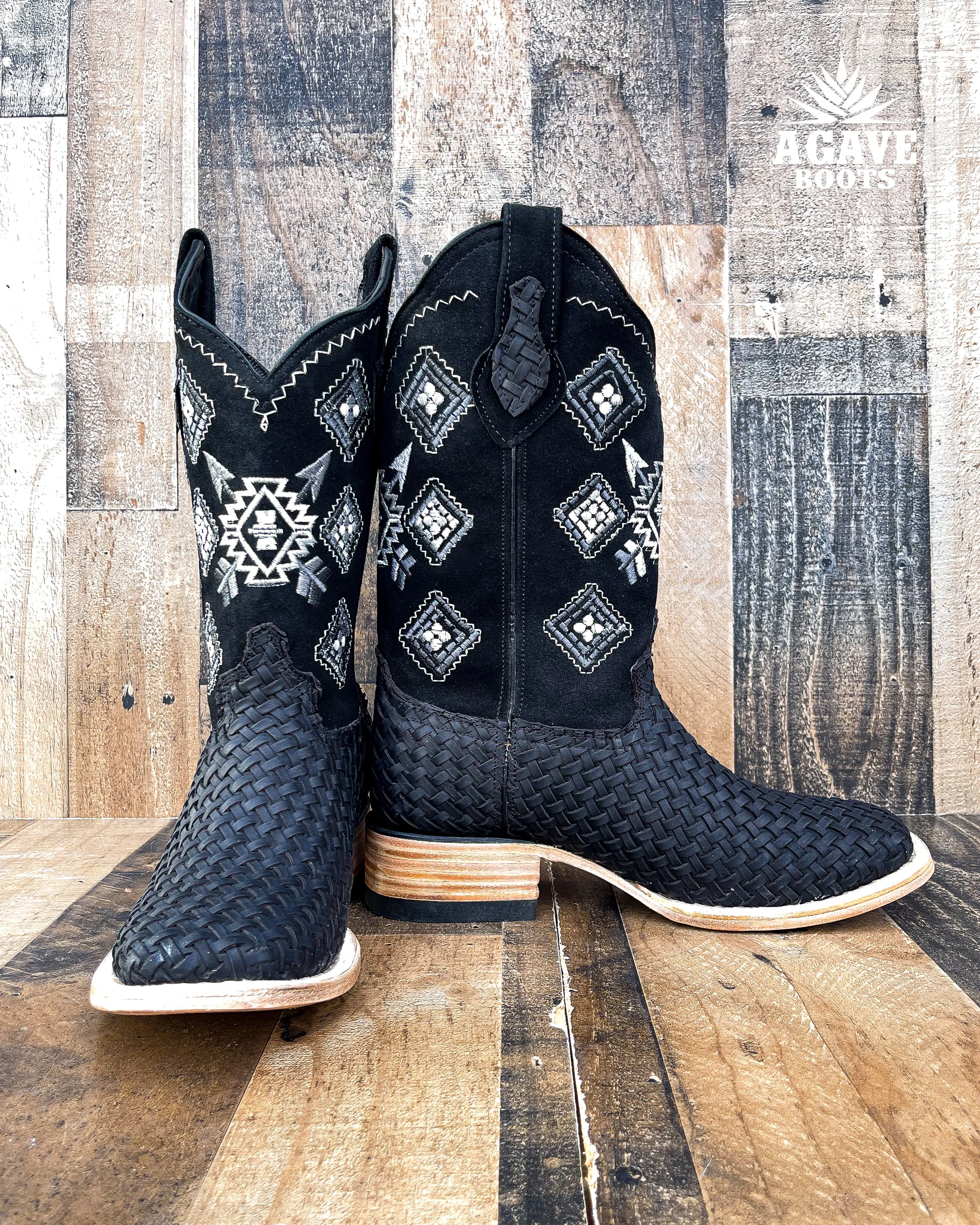 AZTEC BLACK BASKET WEAVE PETATILLO | MEN SQUARE TOE COWBOY BOOTS