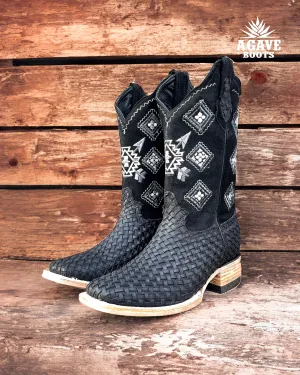 AZTEC BLACK BASKET WEAVE PETATILLO | MEN SQUARE TOE COWBOY BOOTS