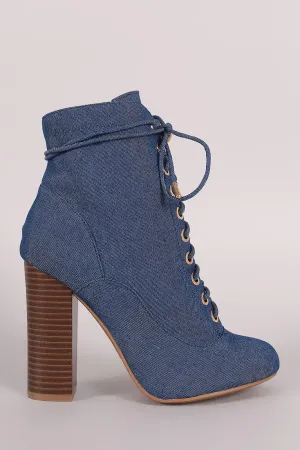 Bamboo Denim Lace Up Chunky Heeled Ankle Boots