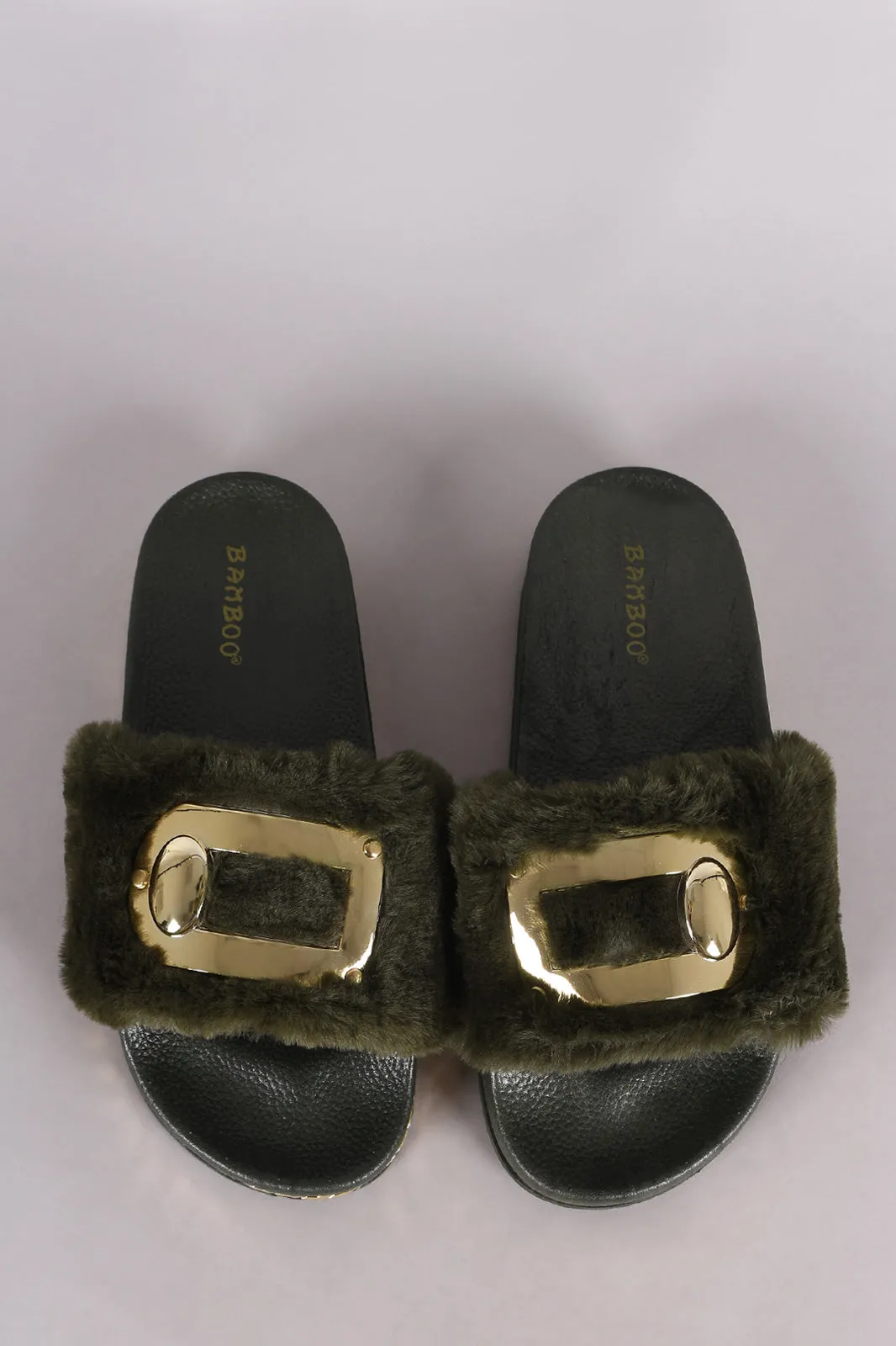 Bamboo Hardware Embellished Fur Chain Slide Sandal