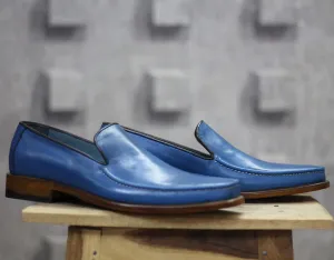 Bespoke Blue Leather Loafer for Men