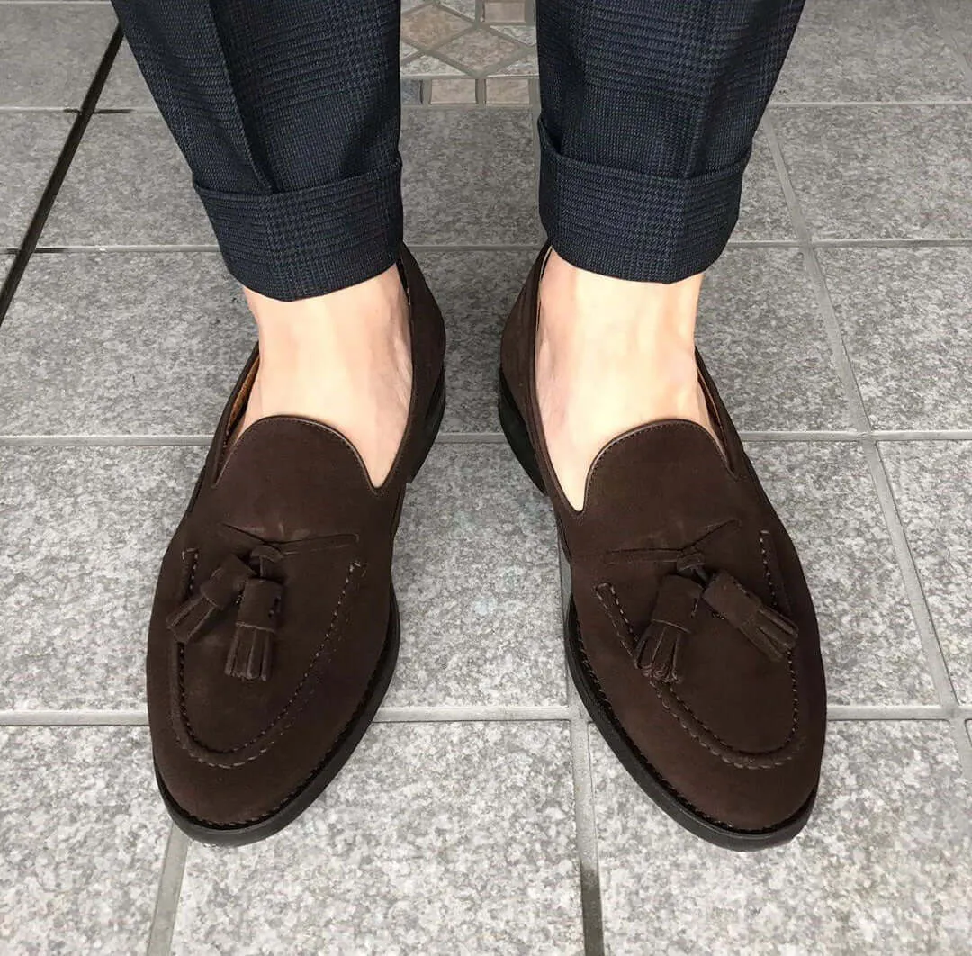 Bespoke Brown Suede Round Toe Tussles Loafer Shoes for Men's