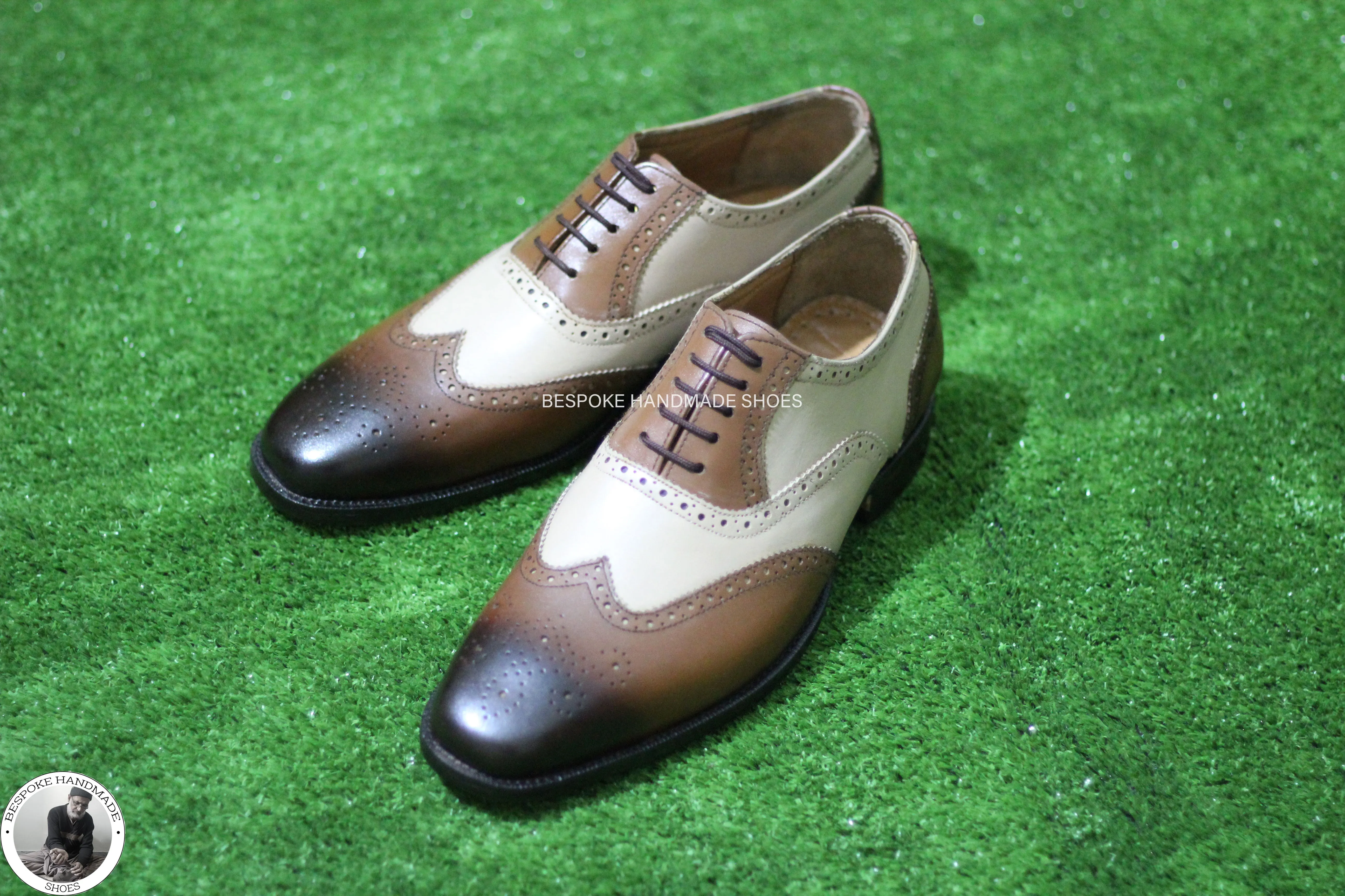 Bespoke Handmade GoodyearCream And Brown Leather Oxford Wingtip Brogue Dress / Formal Shoes