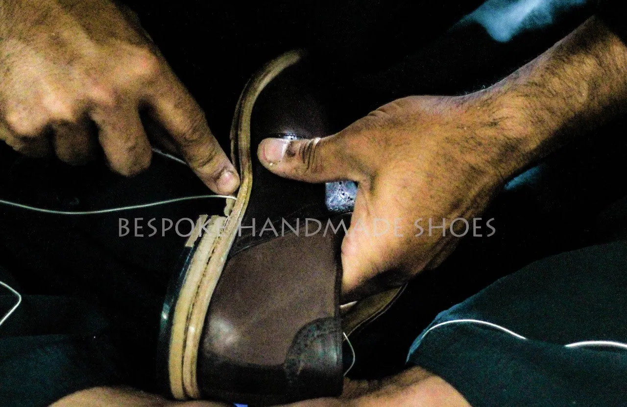 Bespoke Handmade GoodyearCream And Brown Leather Oxford Wingtip Brogue Dress / Formal Shoes