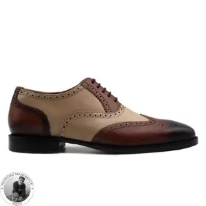 Bespoke Handmade GoodyearCream And Brown Leather Oxford Wingtip Brogue Dress / Formal Shoes