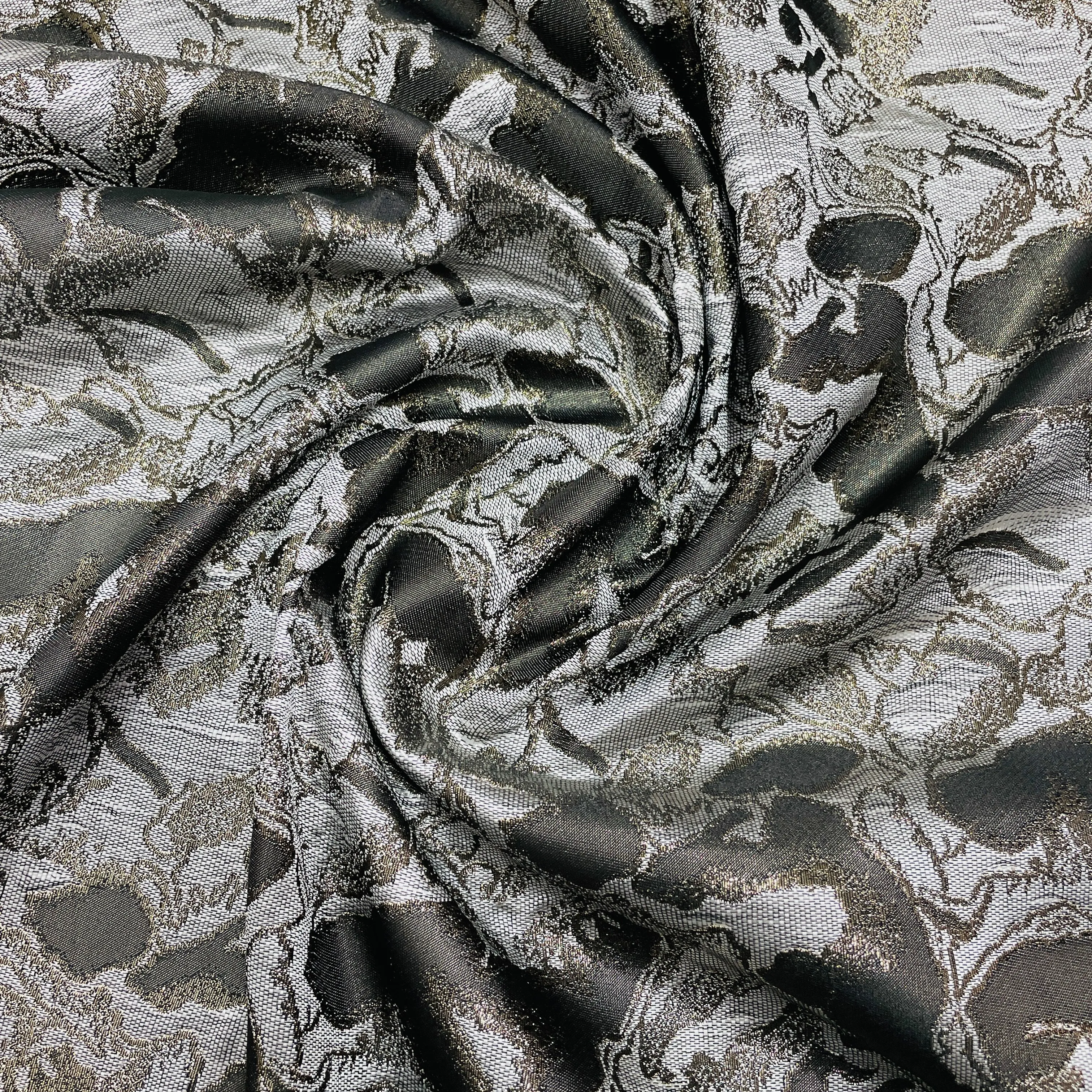 Black & Bronze Floral Brocade Jacquard Fabric