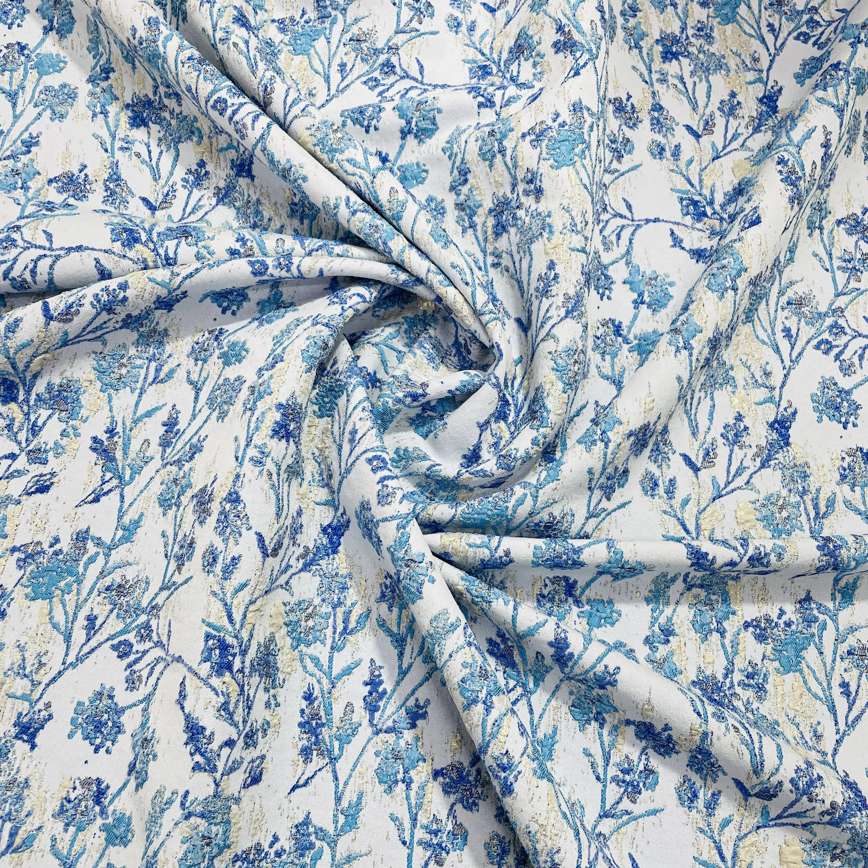 Blue White Brocade Jacquard Fabric