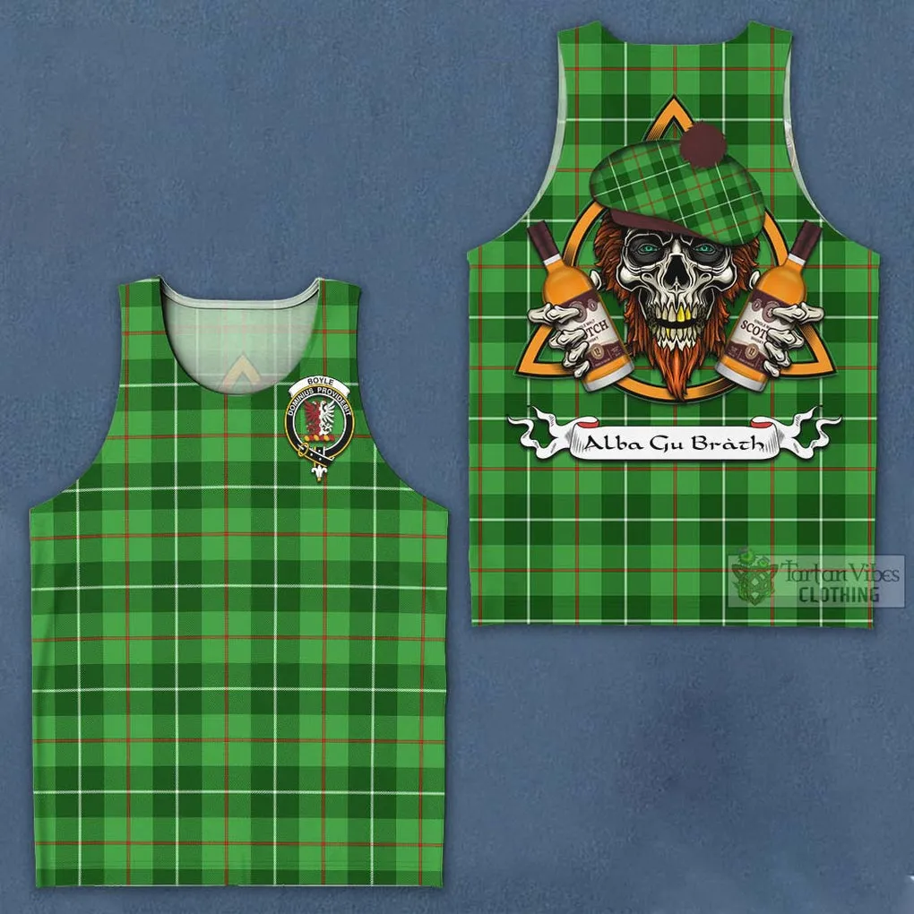 Boyle Tartan Men's Tank Top with Family Crest and Bearded Skull Holding Bottles of Whiskey