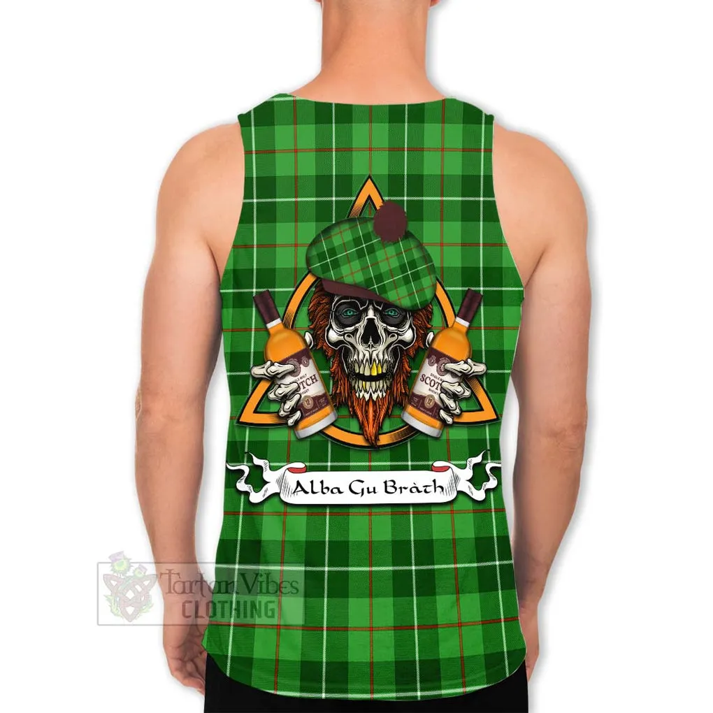 Boyle Tartan Men's Tank Top with Family Crest and Bearded Skull Holding Bottles of Whiskey