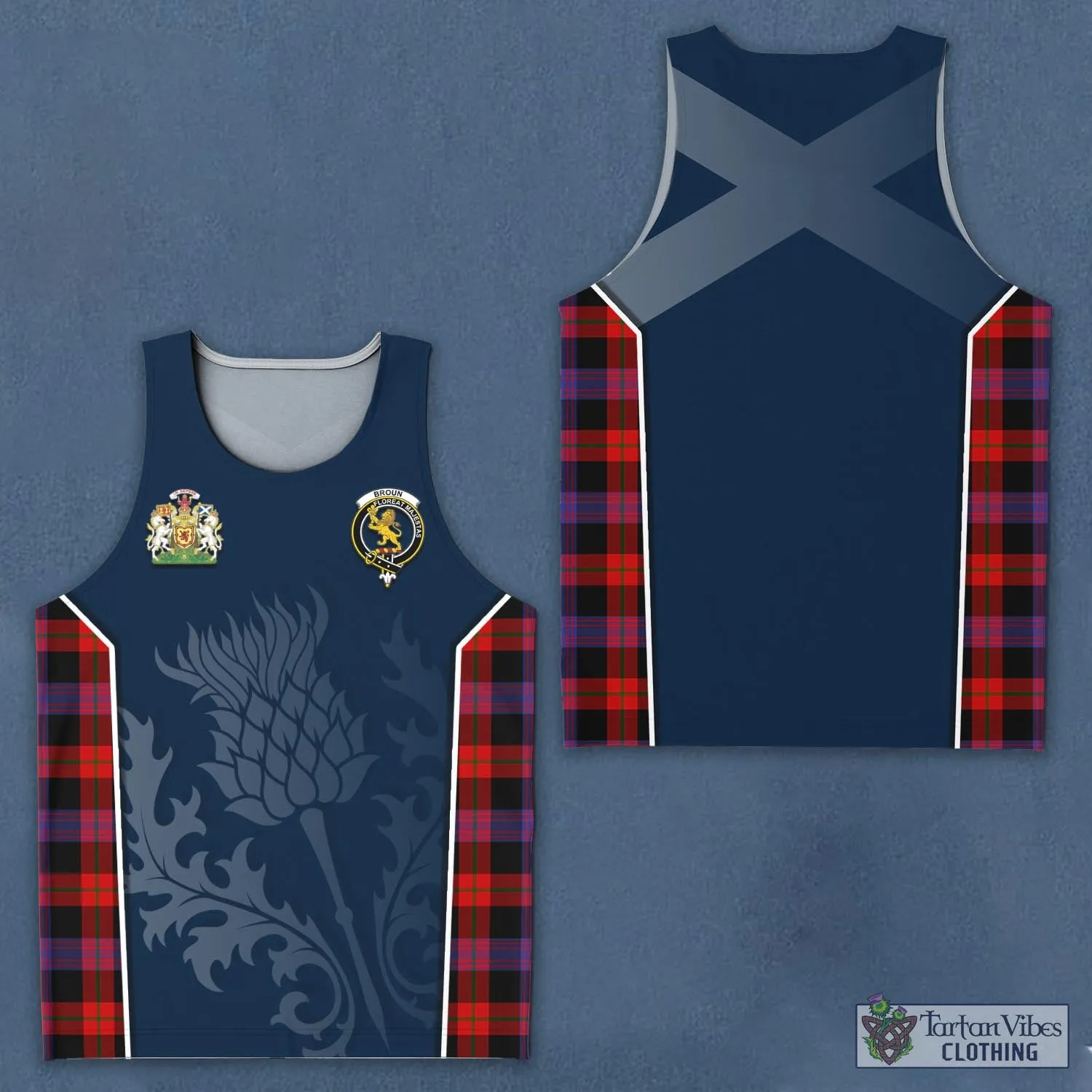 Broun Modern Tartan Men's Tanks Top with Family Crest and Scottish Thistle Vibes Sport Style