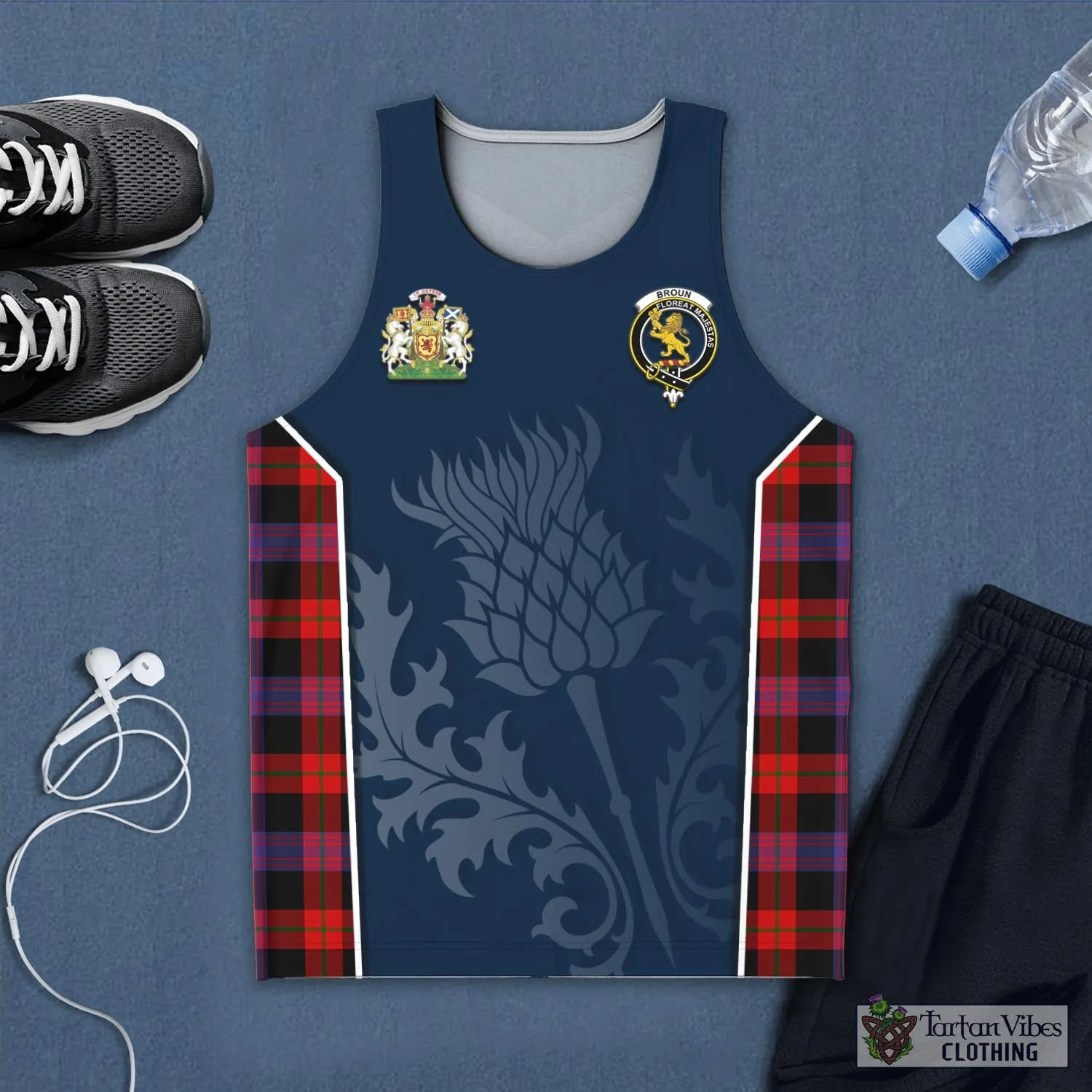 Broun Modern Tartan Men's Tanks Top with Family Crest and Scottish Thistle Vibes Sport Style