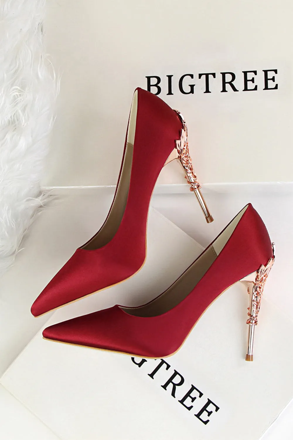 Burgundy Satin Stiletto Heel Closed Toe Pumps With Rhinestone shoes