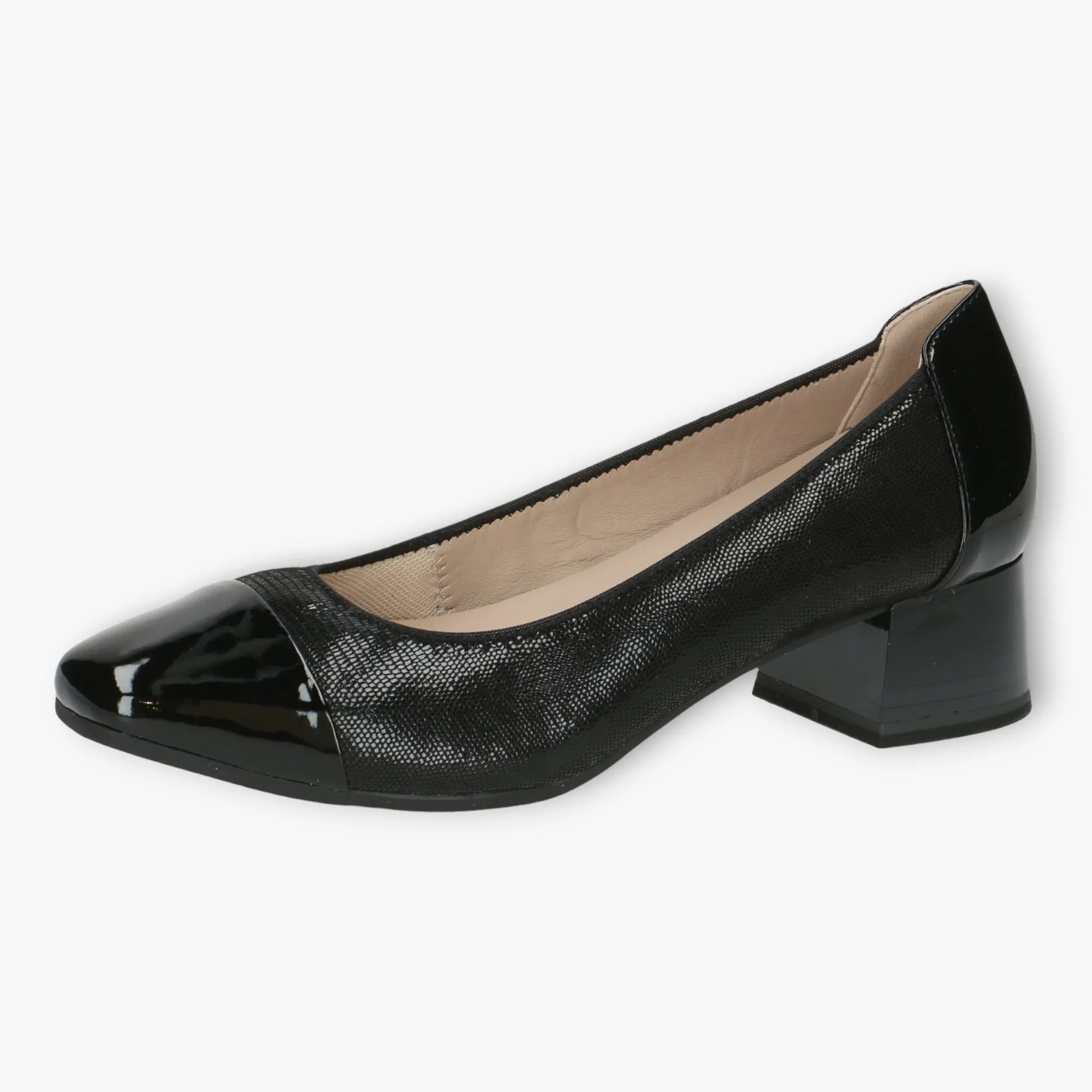 Caprice Black Patent Court Shoes - Block Heel, Wide Fit & Comfortable