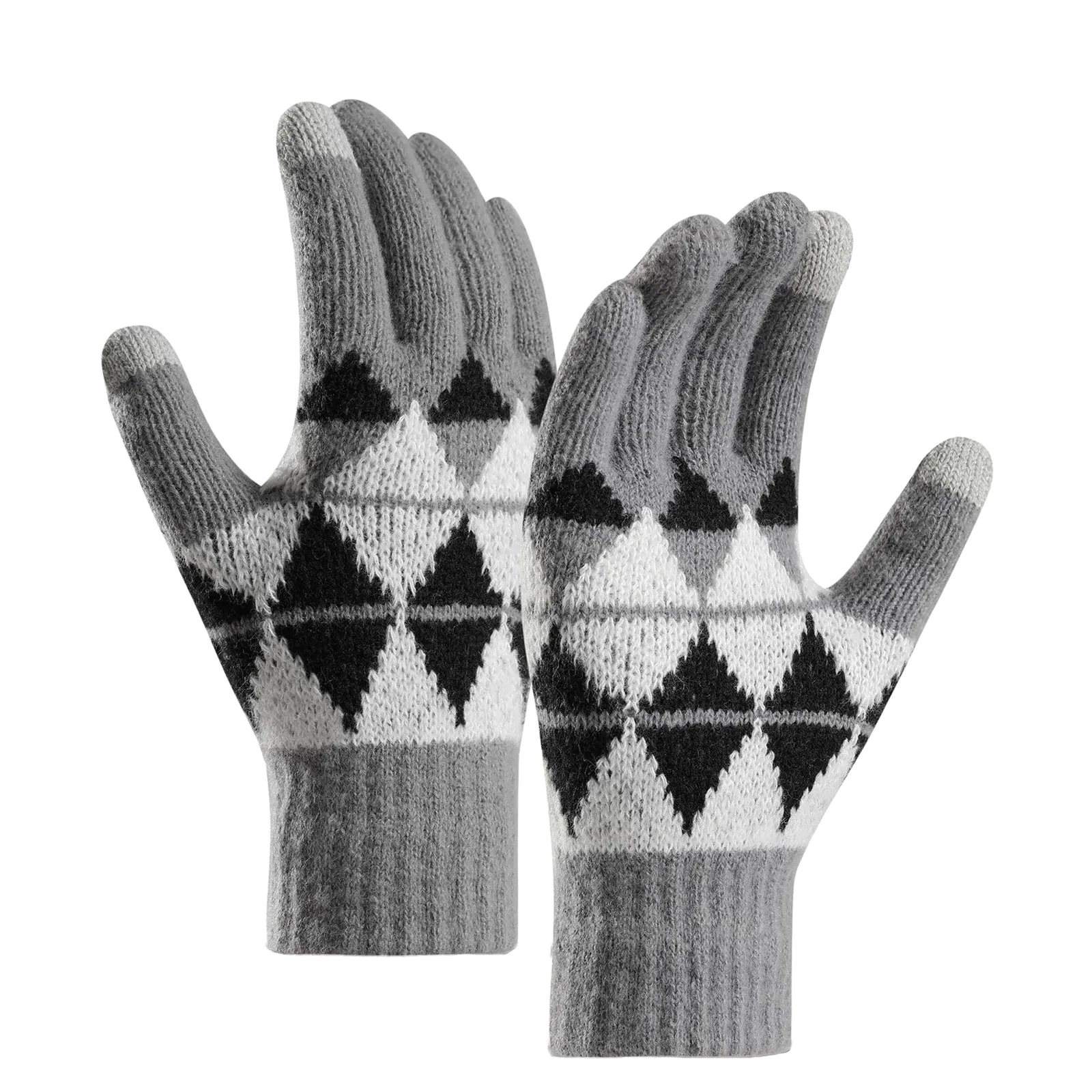 CONTRAST COLOR LOZENGE JACQUARD FLEECE THICKEN COLD-PROOF TOUCH SCREEN KNITTED GLOVES