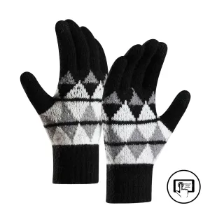 CONTRAST COLOR LOZENGE JACQUARD FLEECE THICKEN COLD-PROOF TOUCH SCREEN KNITTED GLOVES