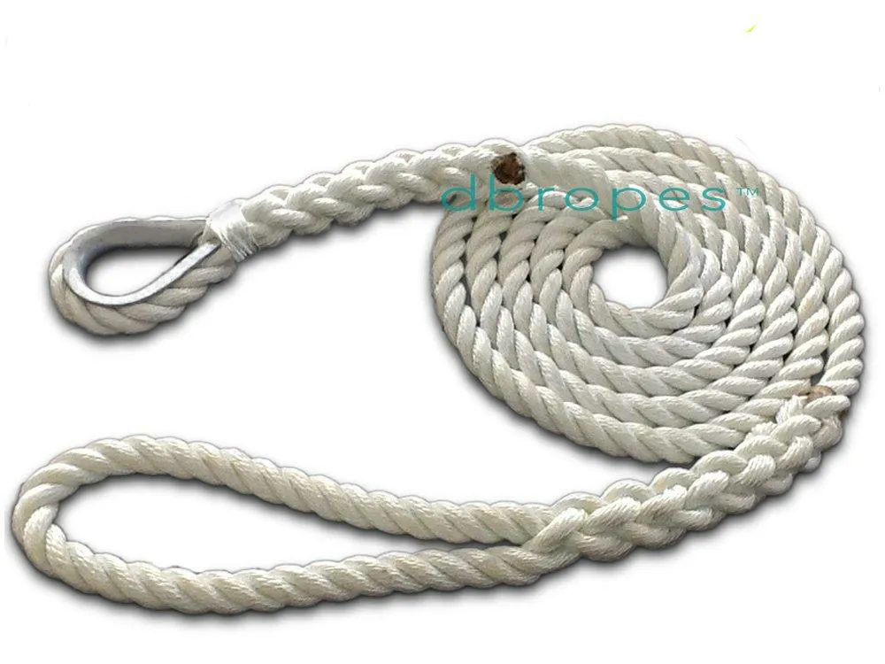 DBROPES 1/2" x 10'  3 Strand Mooring Pendant Line 100% Nylon High Quality Rope with Stainless Steel Thimble. Made in USA .