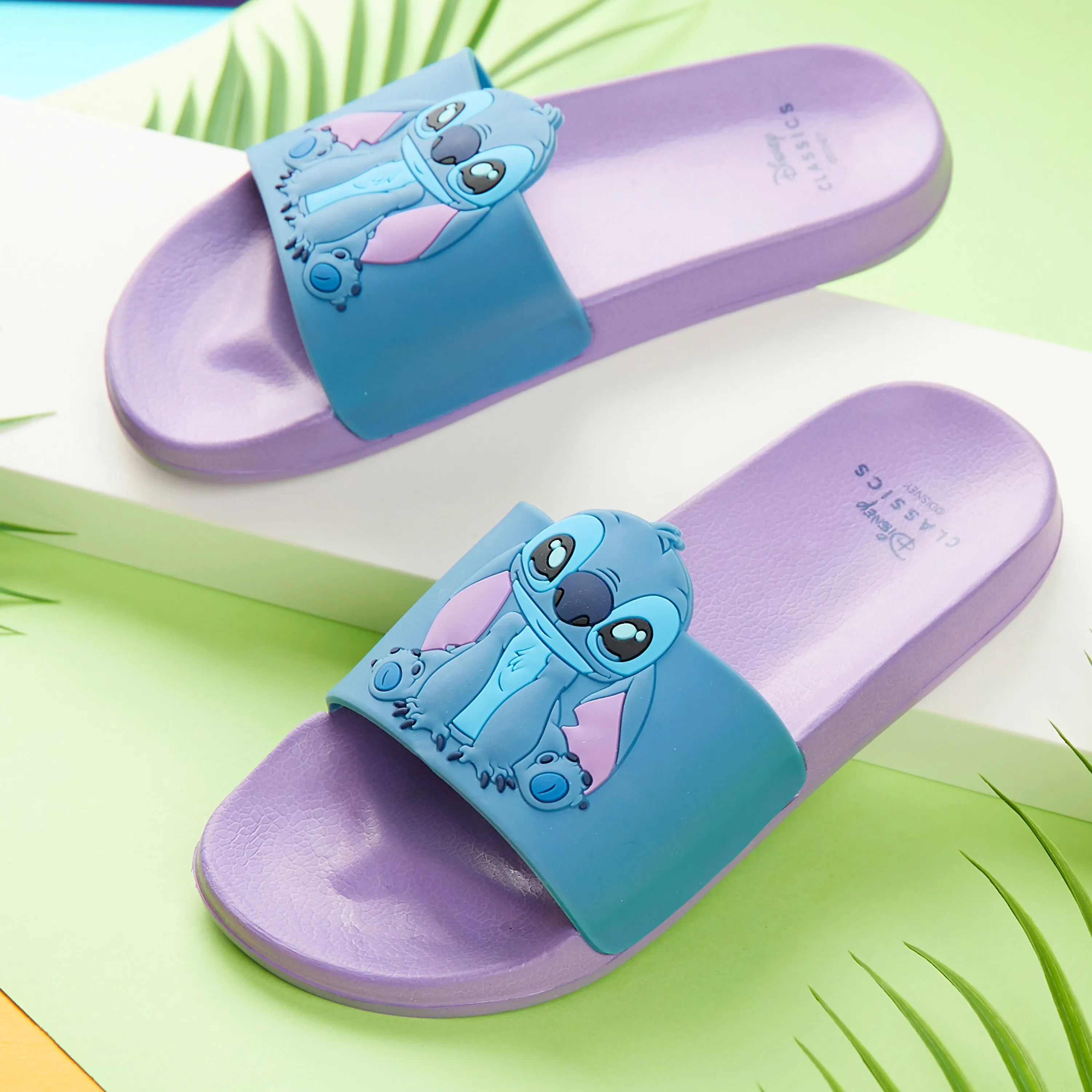 Disney Girls Sliders, Pool or Beach Shoes for Kids - Liliac/Blue Stitch