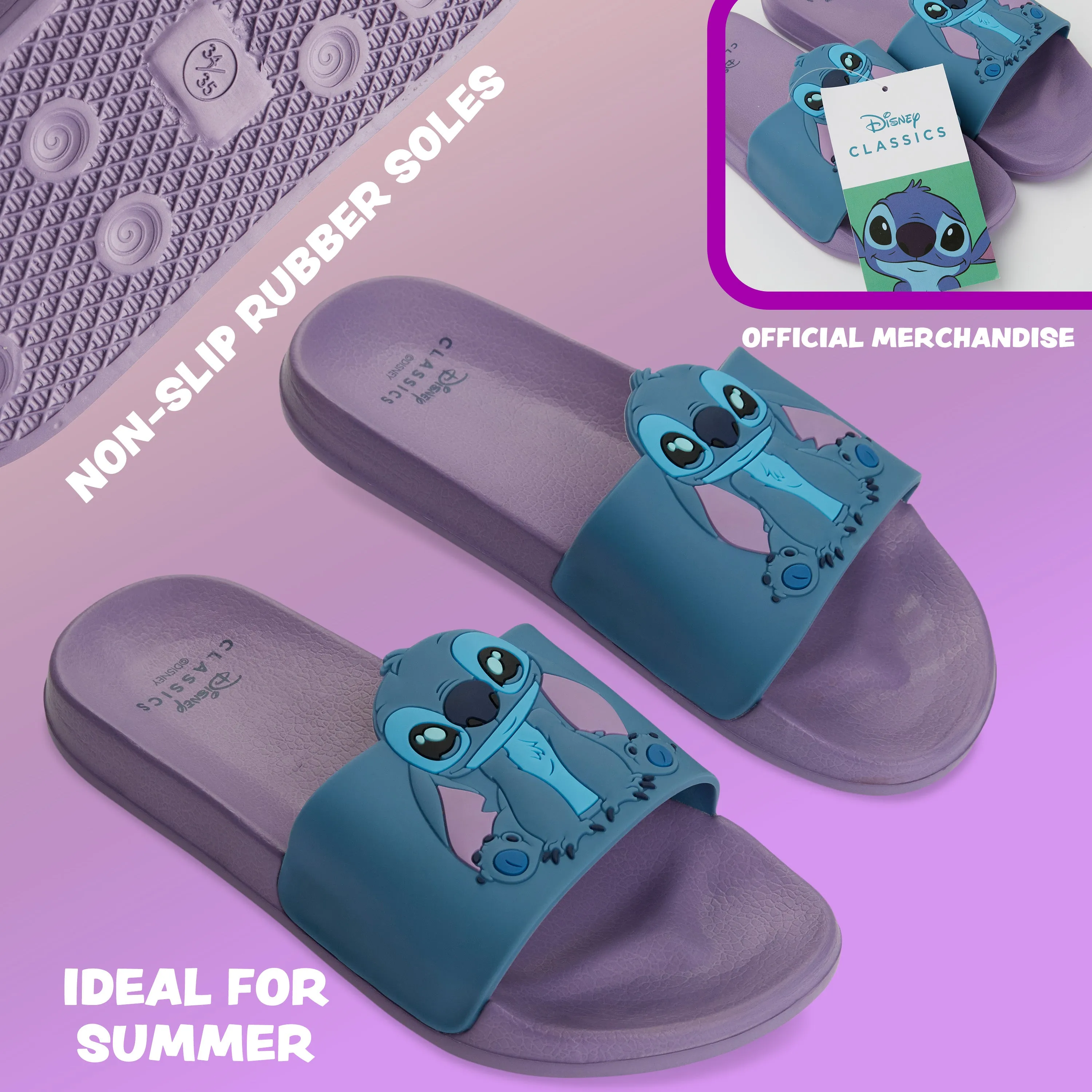 Disney Girls Sliders, Pool or Beach Shoes for Kids - Liliac/Blue Stitch