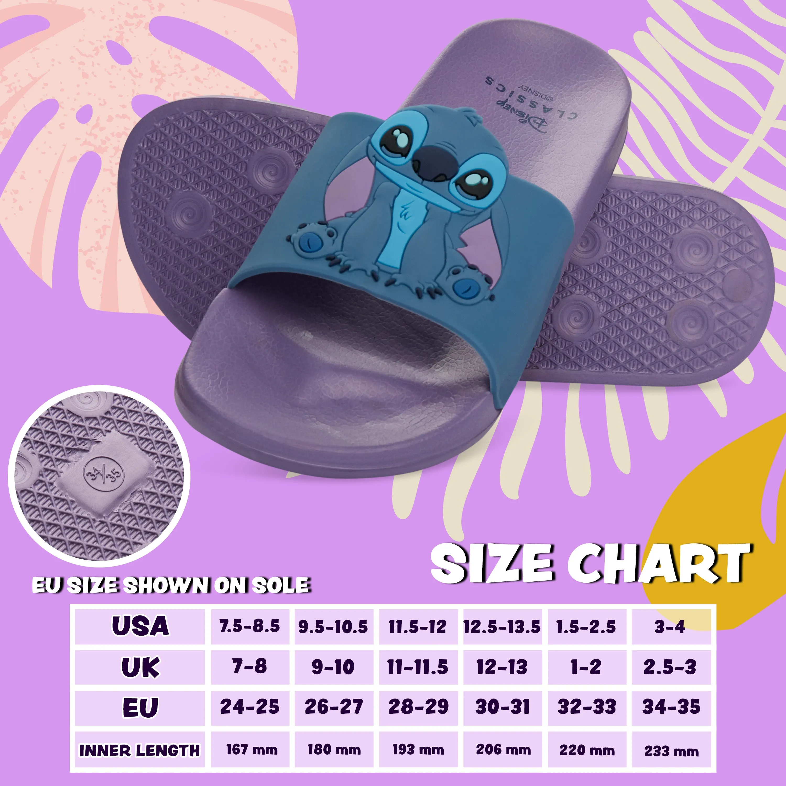 Disney Girls Sliders, Pool or Beach Shoes for Kids - Liliac/Blue Stitch