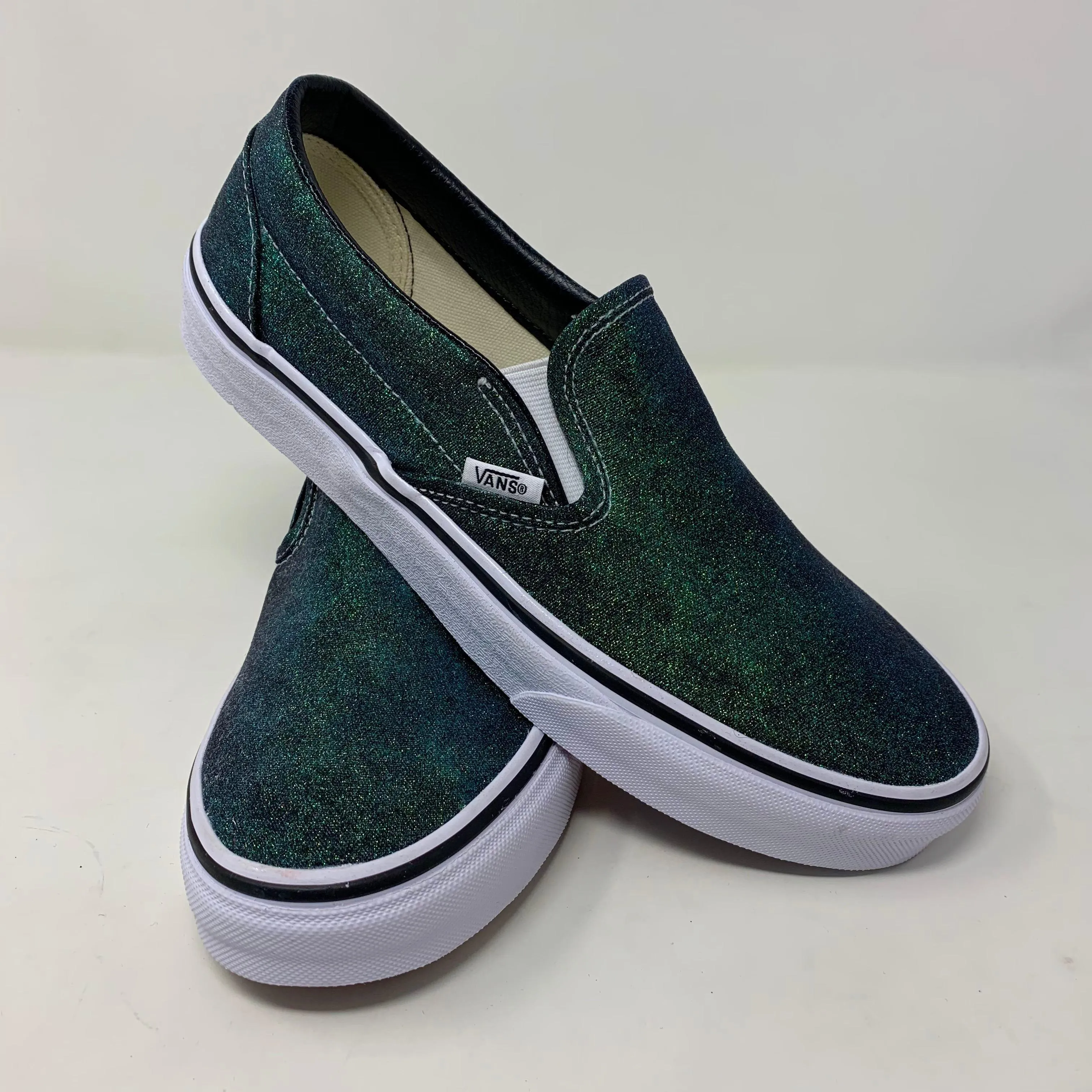 Emerald Glitter Slip On Vans