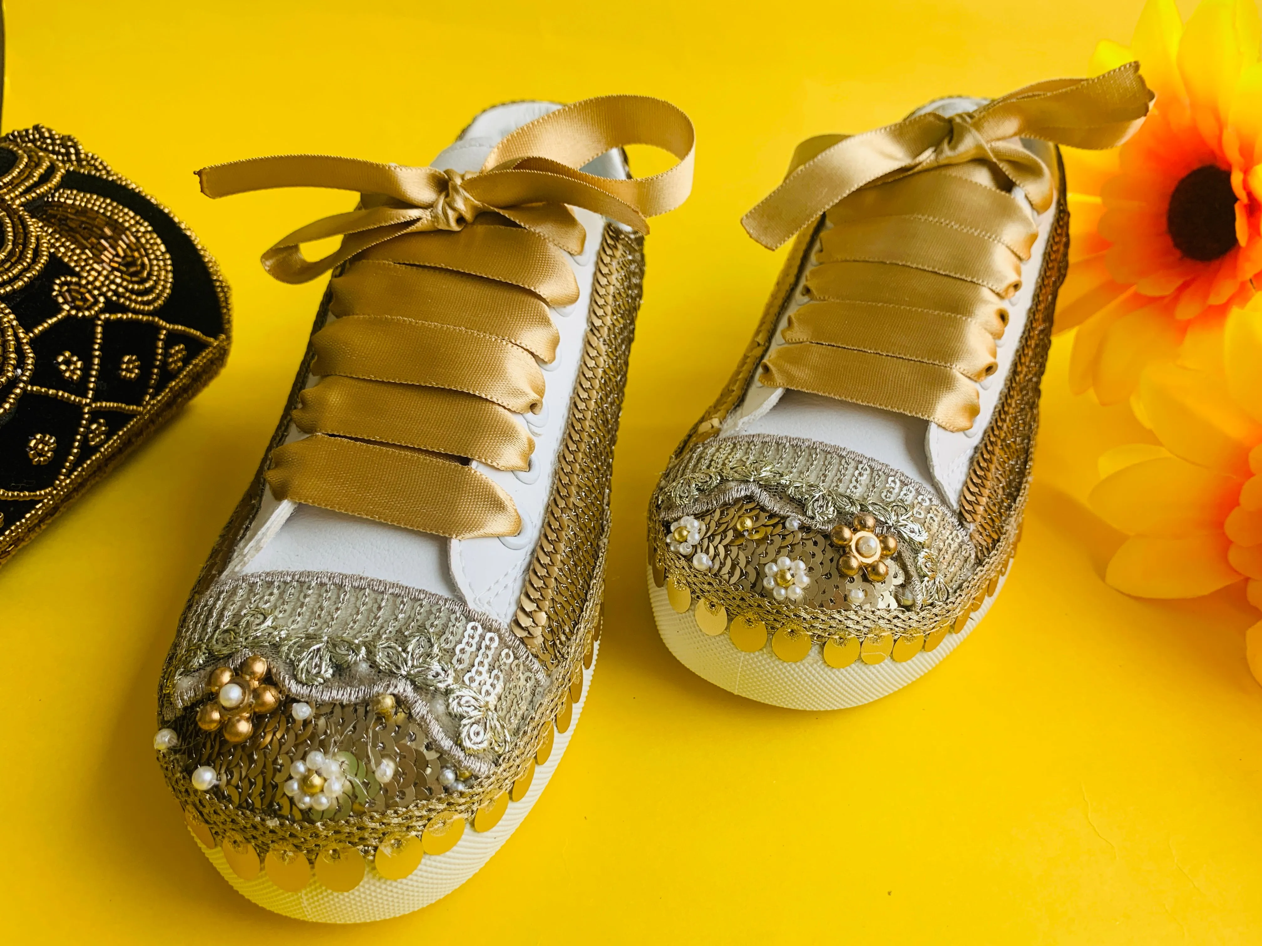 FUNKY N TRENDY handcrafted golden sequine work bridal sneakers / bridesmaid sneakers/ gold sneakers / golden sneakers / sequine work sneakers / gold shoes