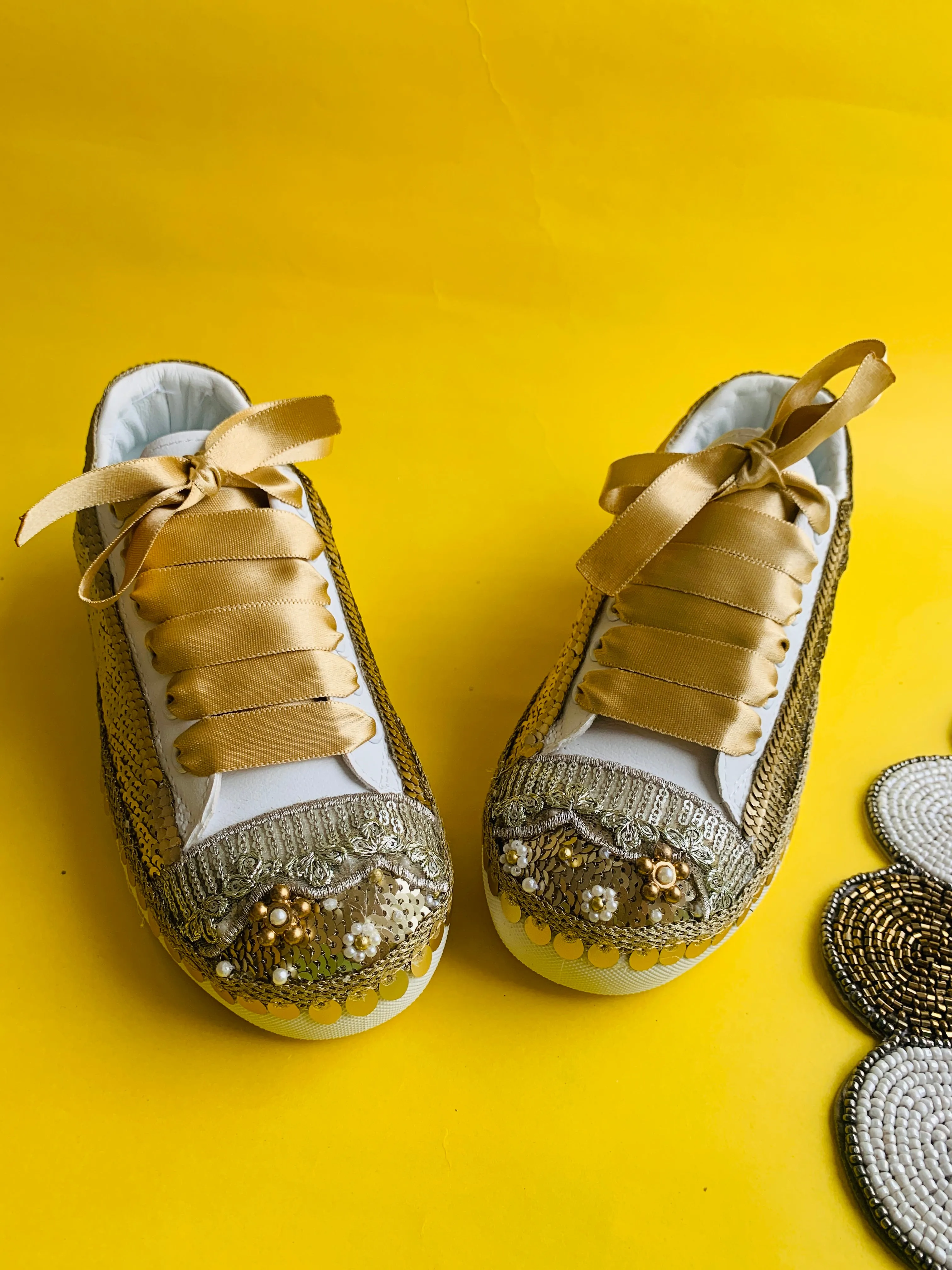 FUNKY N TRENDY handcrafted golden sequine work bridal sneakers / bridesmaid sneakers/ gold sneakers / golden sneakers / sequine work sneakers / gold shoes