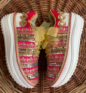 Funky N Trendy Hot pink zari work with mirror detailing bridal sneakers/ bridesmaid sneaker / golden sneakers/ hot pink sneakers / pink shoes for bride/ rani pink sneakers