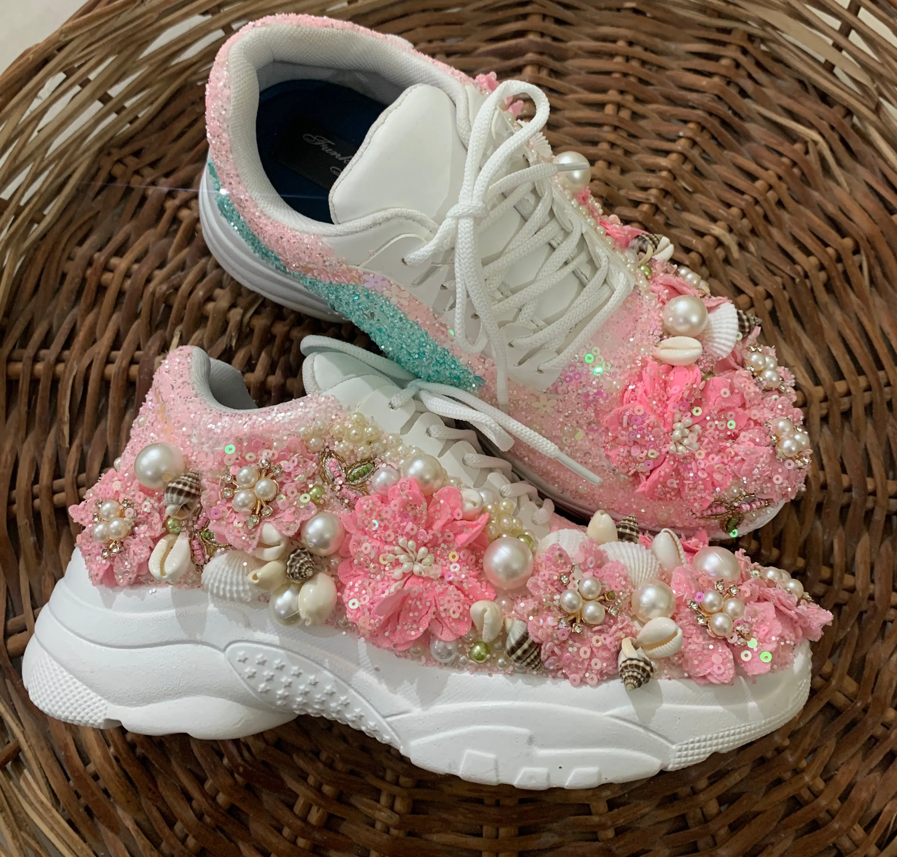 FUNKY N TRENDY pink floral theme sneakers with shells pearls detailing for brides / bridesmaids