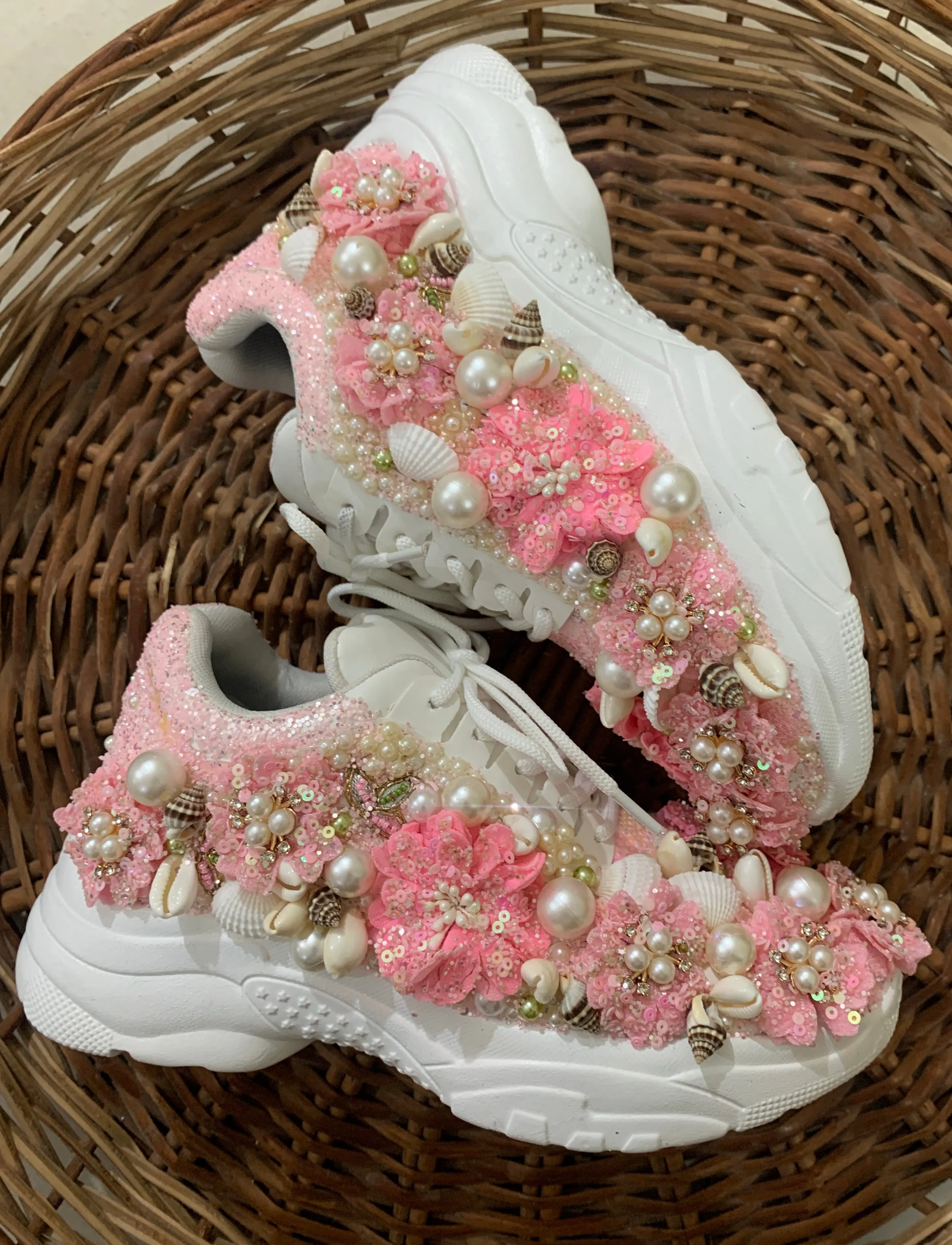 FUNKY N TRENDY pink floral theme sneakers with shells pearls detailing for brides / bridesmaids