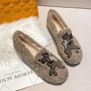 Furry Outer Wearing Flats Loafers Elk Decor Backless  Wild Fluffy Flat Mules Warm