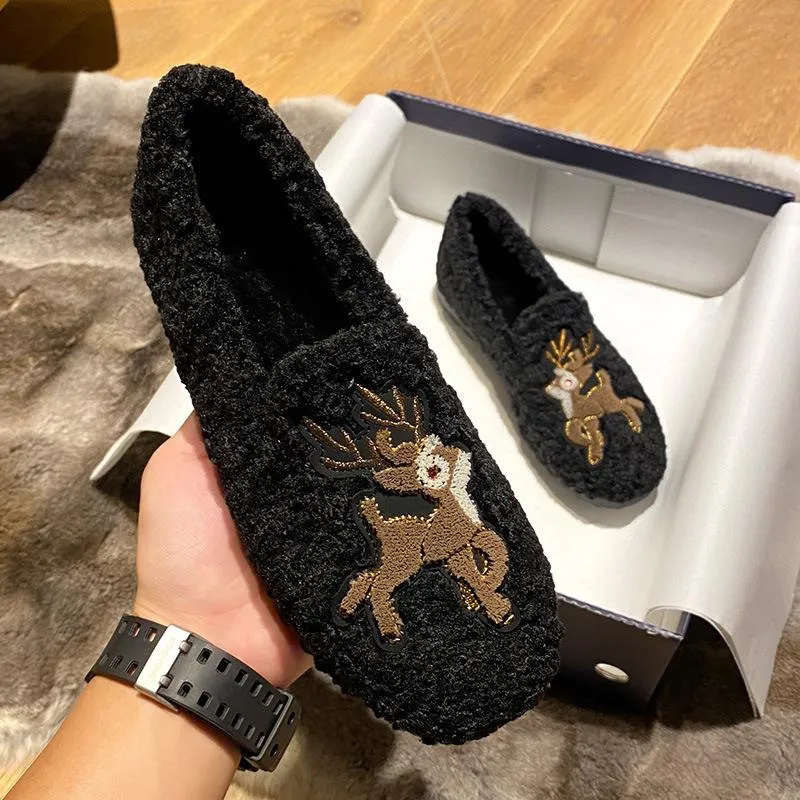 Furry Outer Wearing Flats Loafers Elk Decor Backless  Wild Fluffy Flat Mules Warm