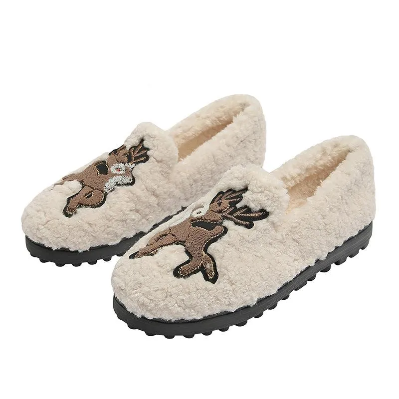 Furry Outer Wearing Flats Loafers Elk Decor Backless  Wild Fluffy Flat Mules Warm